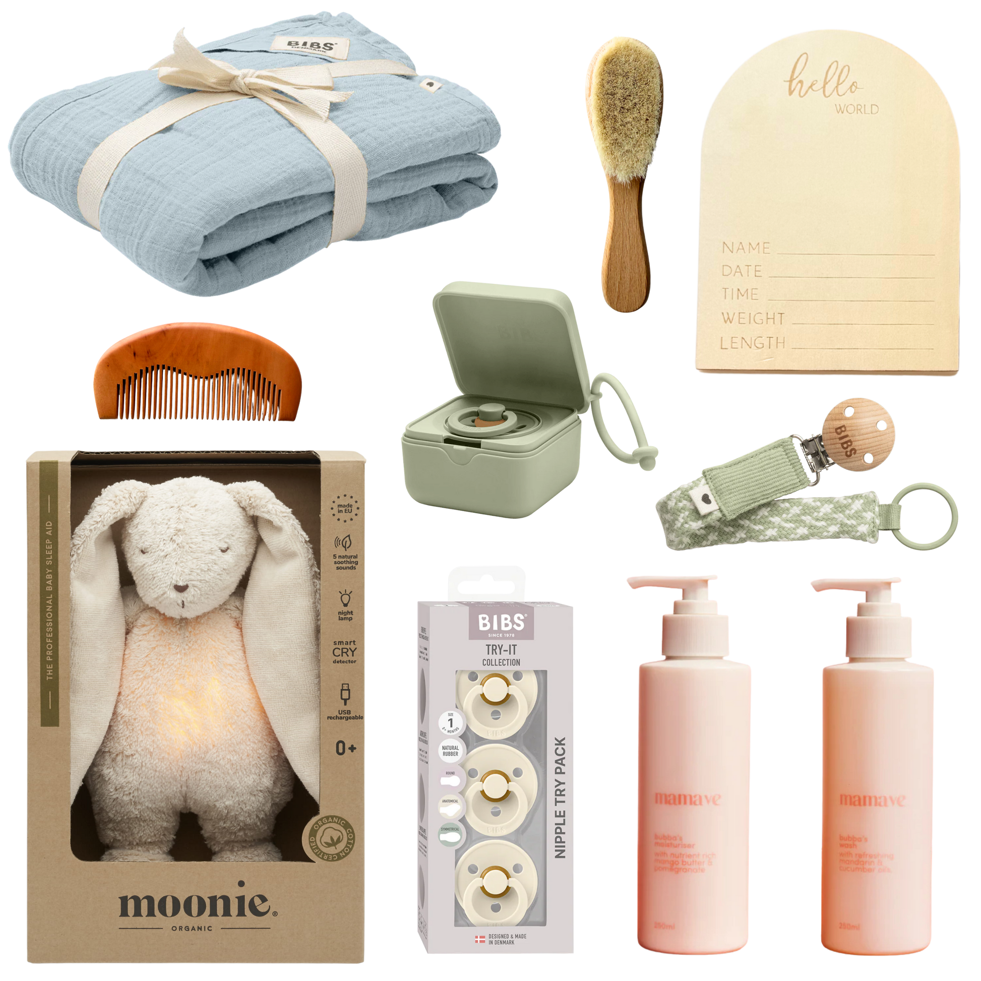 Baby bundle of baby care products including baby moisturiser, baby wash, Hello world birth announcement timber plaque, dummie case, try 3 try of dummie pack, timber baby brush, dummie clip, timber baby comb, moonie baby sleep aid bunny teddy and swaddle. Mix of beige, sage and blue theme.