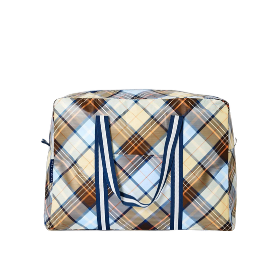 Country Plaid patterned bag with white and navy handles 