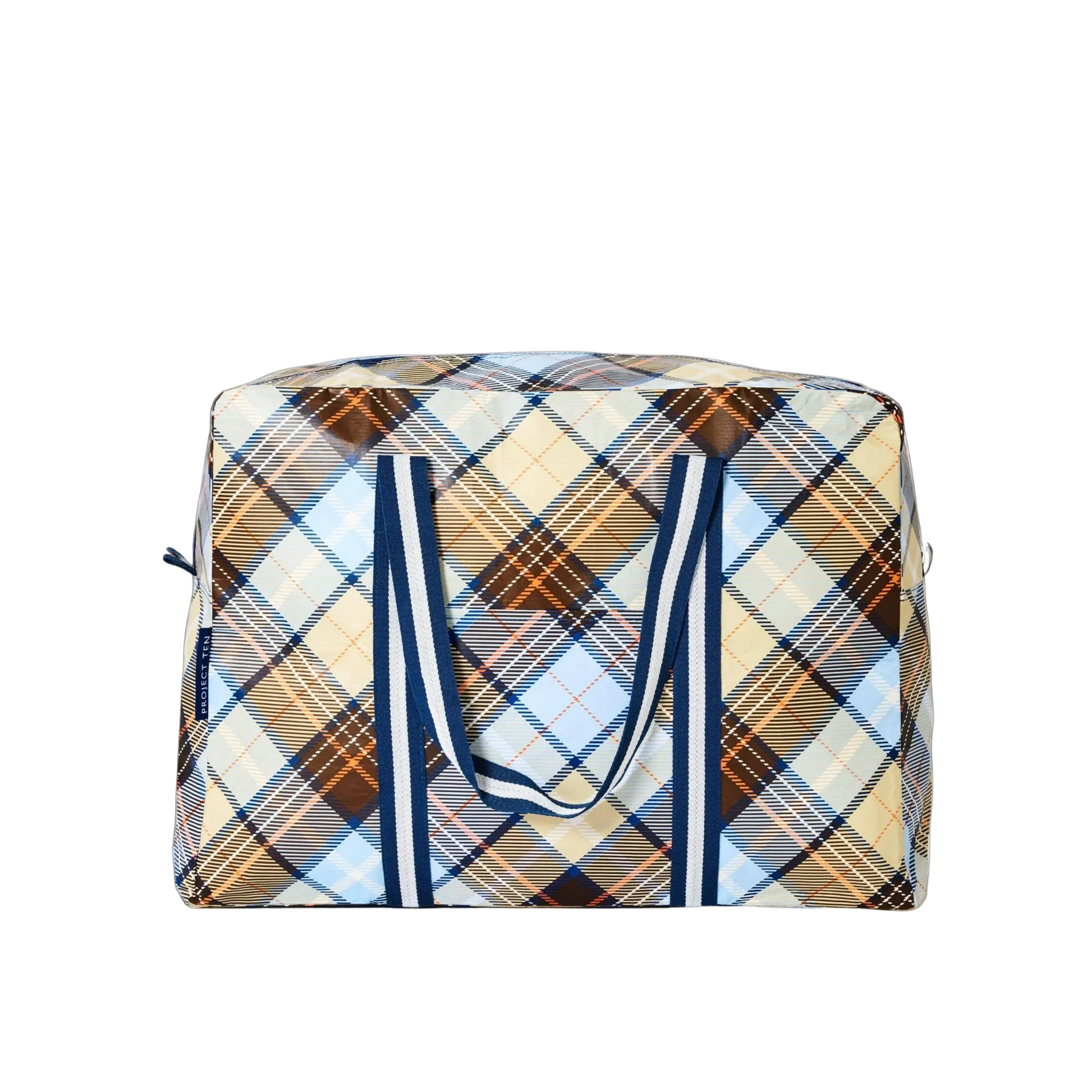 Country Plaid patterned bag with white and navy handles 