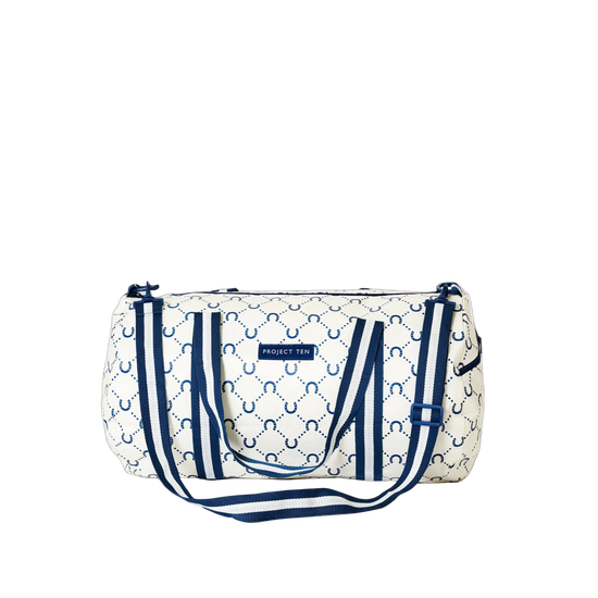 Navy Horse shoe plaid bag with blue handles 
