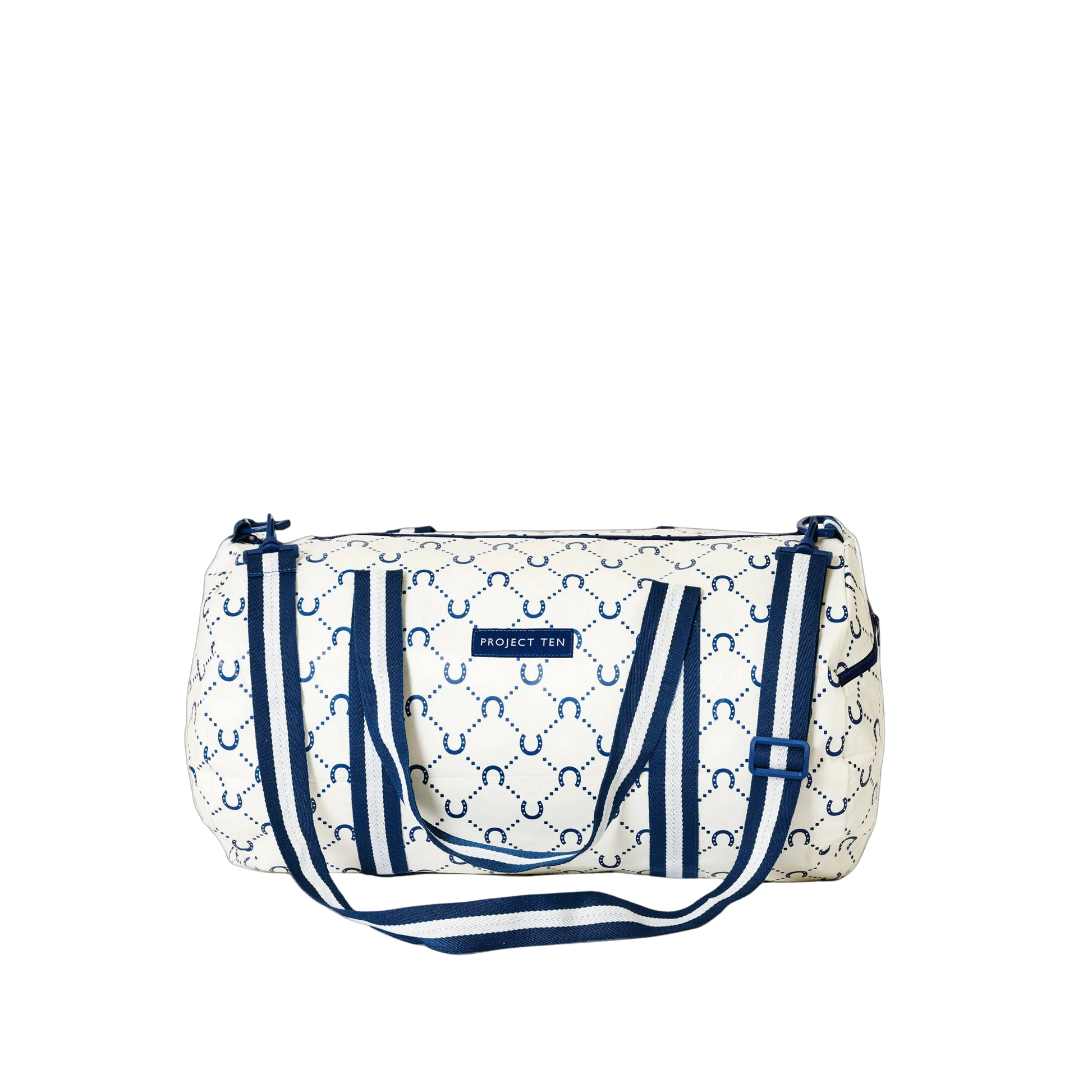 Navy Horse shoe plaid bag with blue handles 