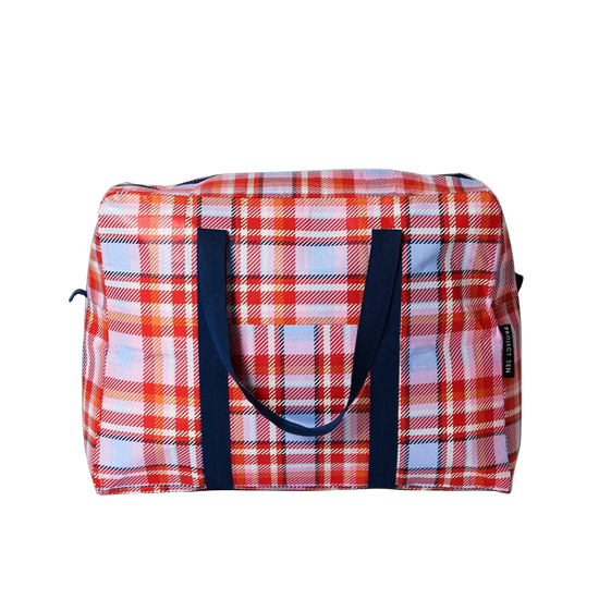tartan red over night bag with blue handles