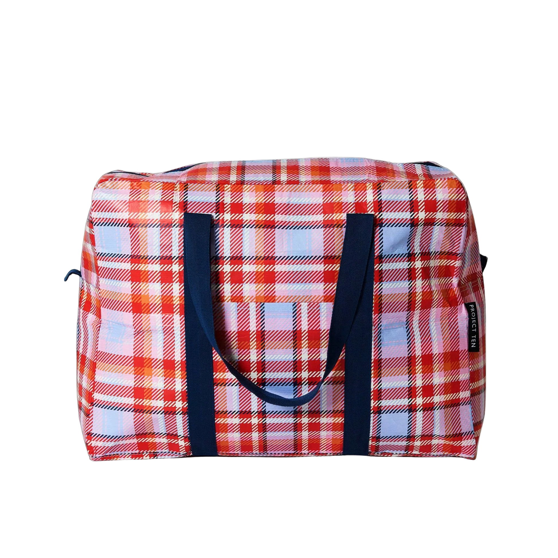 tartan red over night bag with blue handles