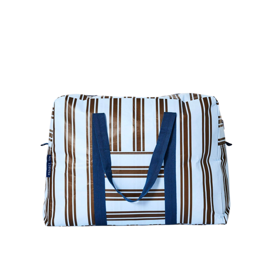 Striped bag with blue handles