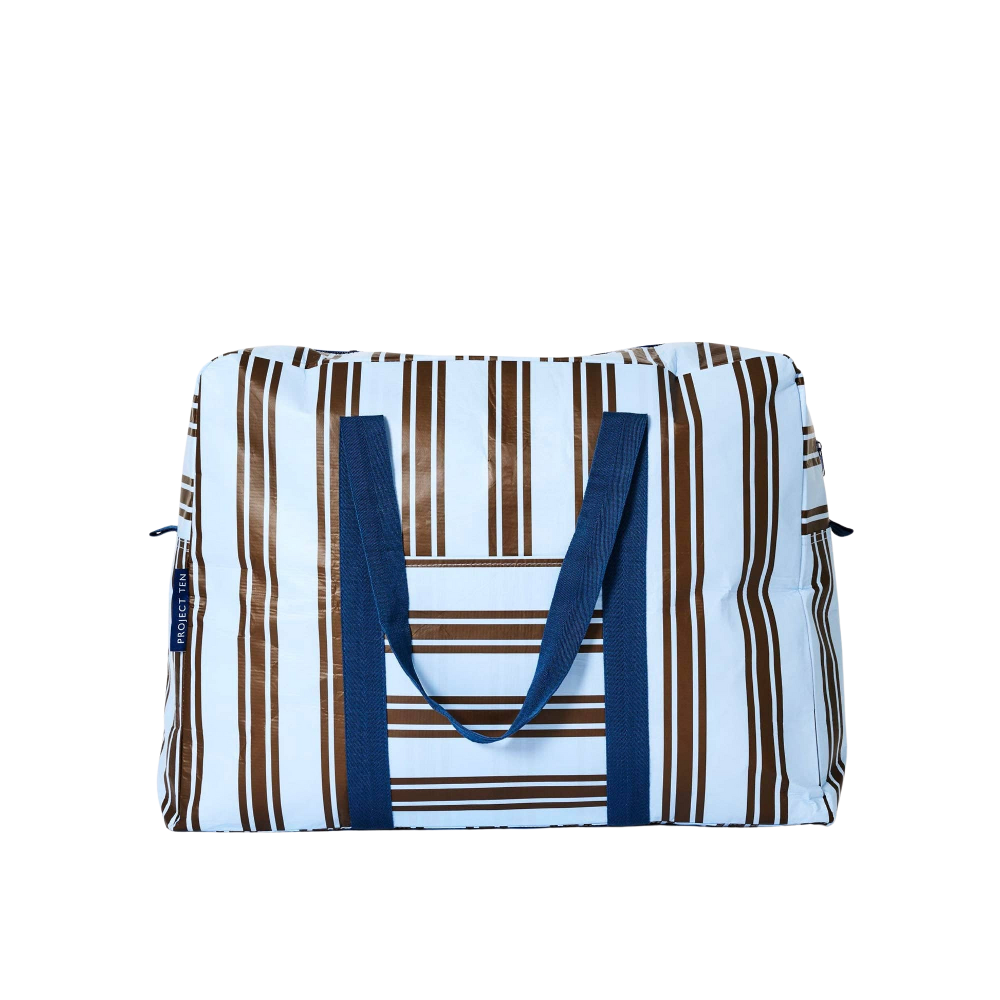 Striped bag with blue handles
