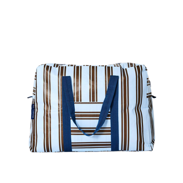 Striped bag with blue handles