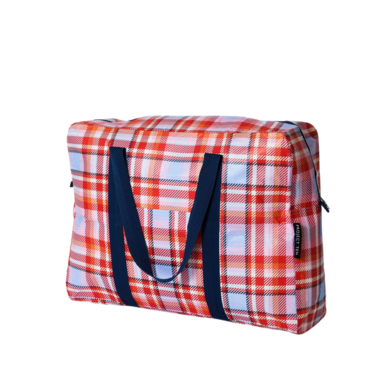 tartan red over night bag with blue handles