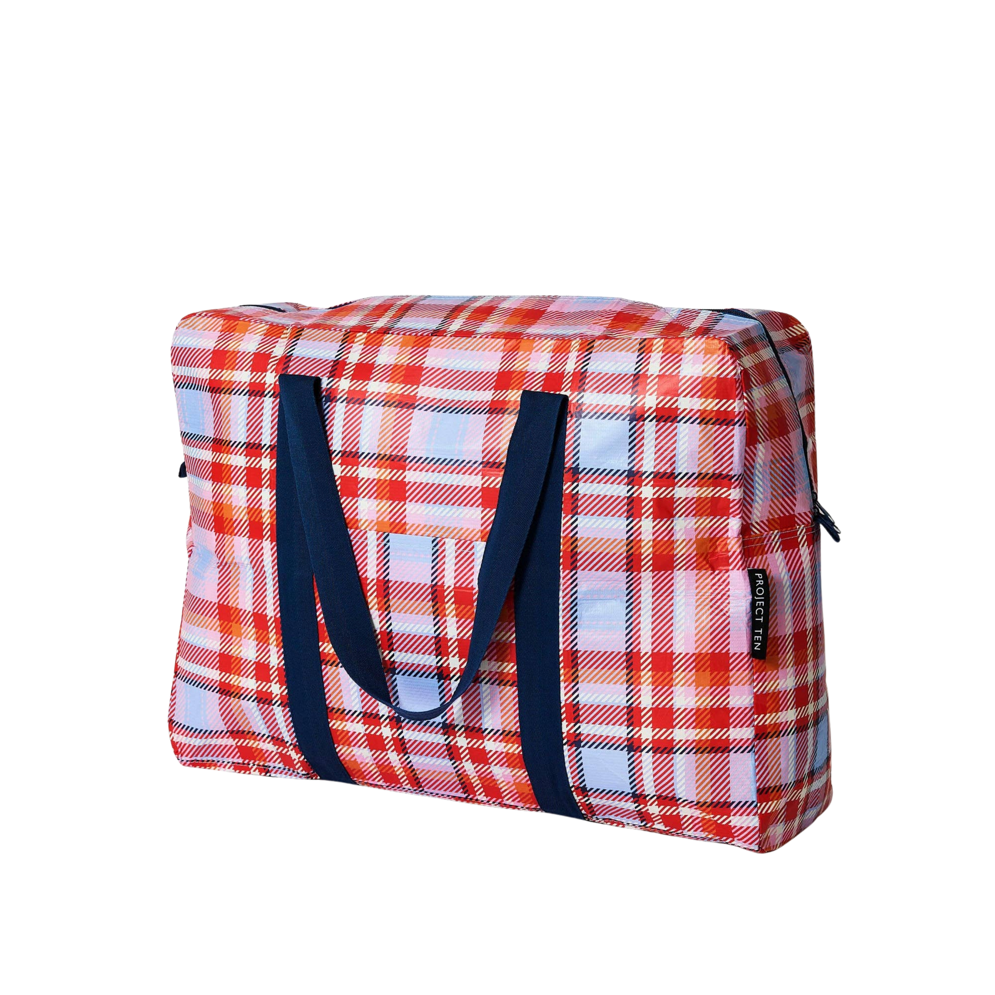 tartan red over night bag with blue handles