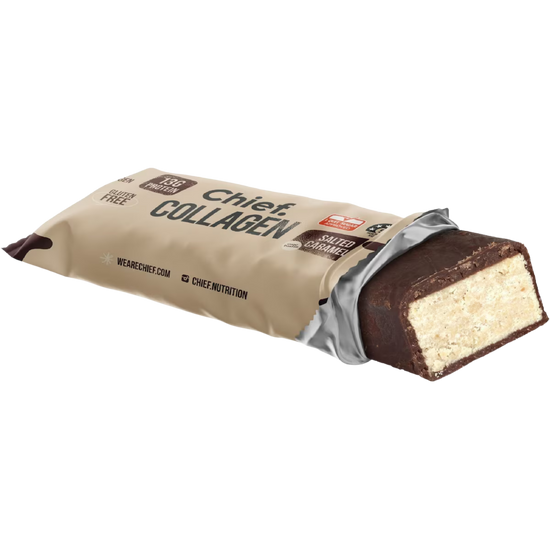 A single wrapped collagen bar snack shown. The package is beige with dark brown text reading 'Chief Collagen' and 'Salted Chocolate' flavour.