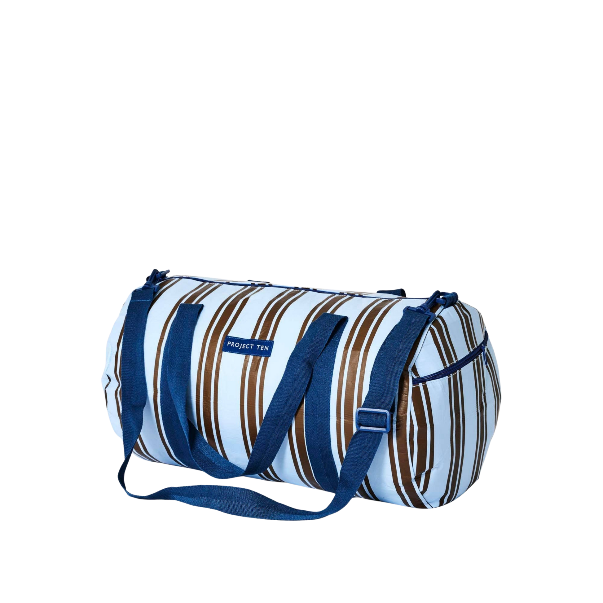 Striped duffel bag with blue handles. Barrel Bag – Oxford Stripe blue and brown