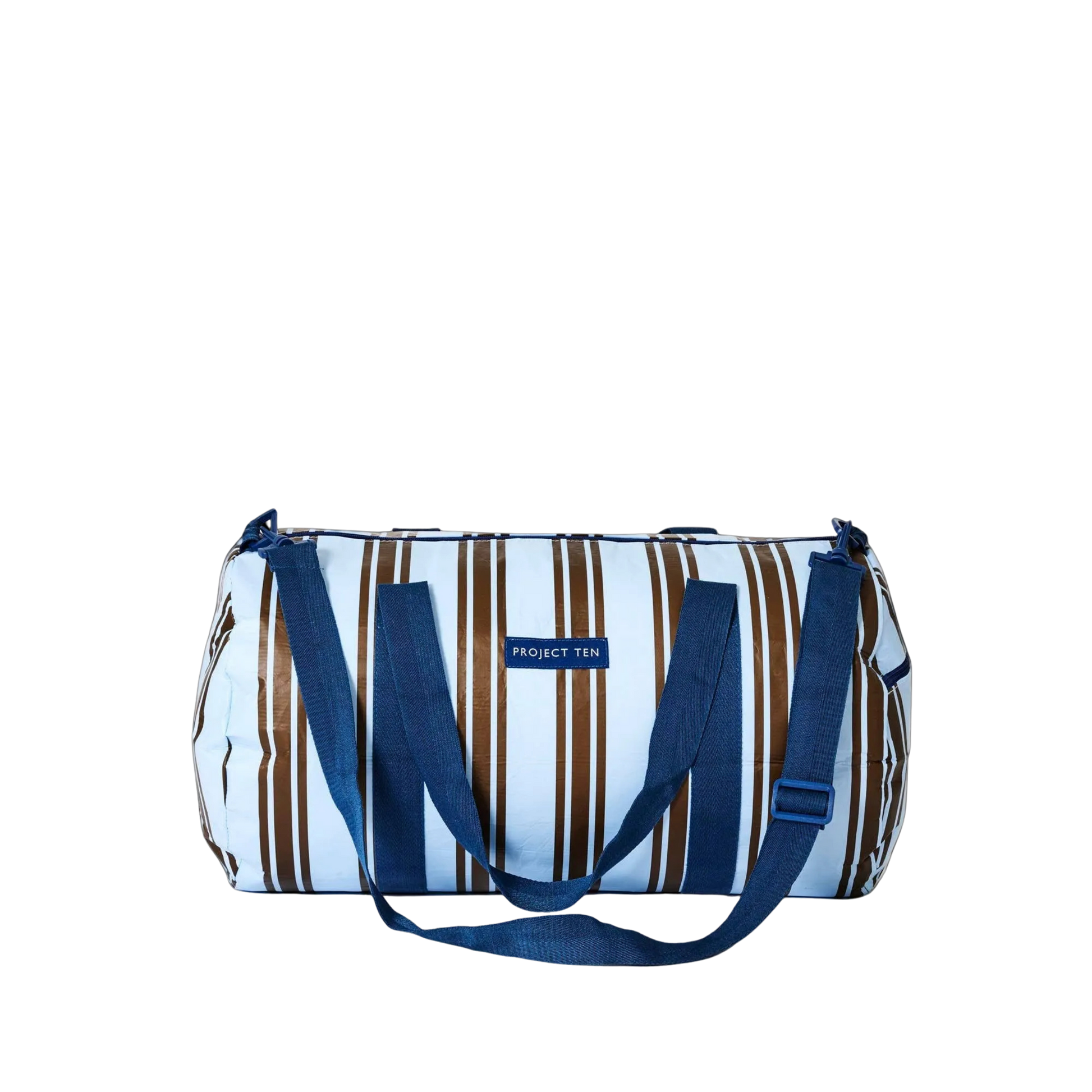 Striped bag with blue handles Barrel Bag – Oxford Stripe blue and brown