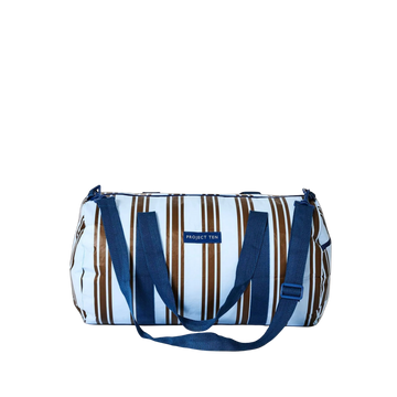 Striped bag with blue handles Barrel Bag – Oxford Stripe blue and brown