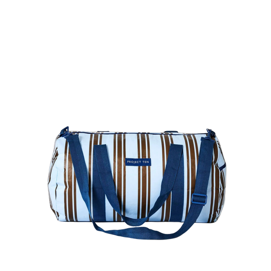 Striped bag with blue handles Barrel Bag – Oxford Stripe blue and brown
