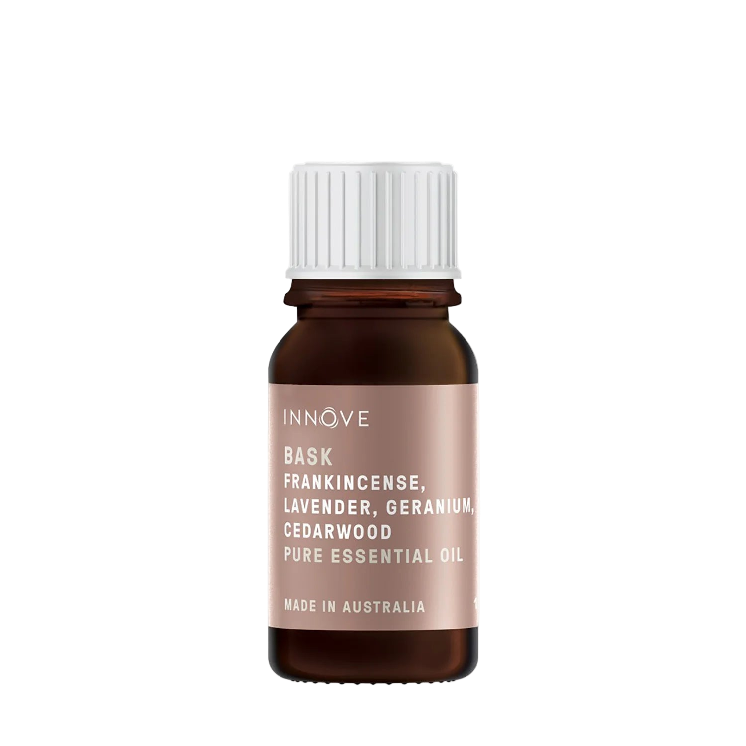 10mls Essential oil bottle named Bask with frankincense, lavender, geranium and cedarwood with a white cap on a Transparent background