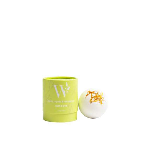 Wheelers Hill Lemon Myrtle & Lemongrass White bath bomb with a cylindrical container on a transparent background