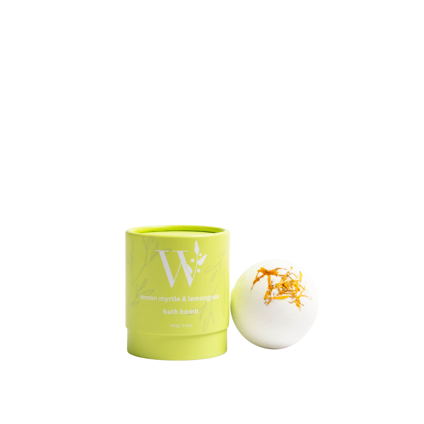Wheelers Hill Lemon Myrtle & Lemongrass White bath bomb with a cylindrical container on a transparent background