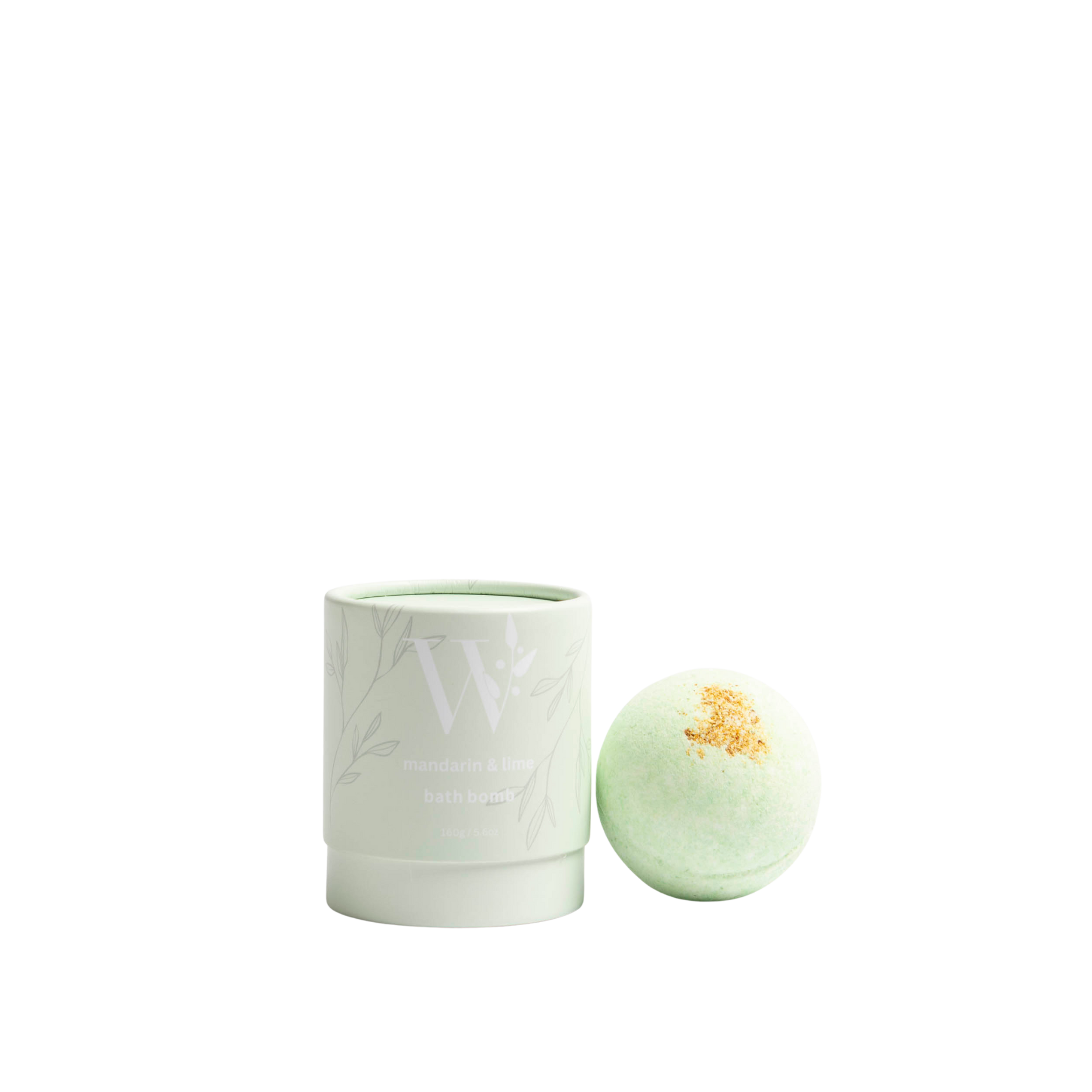 Wheelers Hill Soap Mandarine & Lime Green bath bomb with a cylindrical container on a transparent background