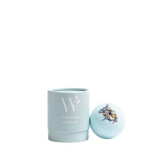 Wheelers Hill Soap Ocean Breeze Blue bath bomb with a cylindrical container on a transparent background
