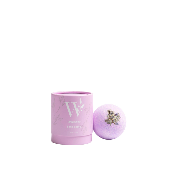 Wheelers Hill Lavender purple bath bomb with a cylindrical container on a transparent background