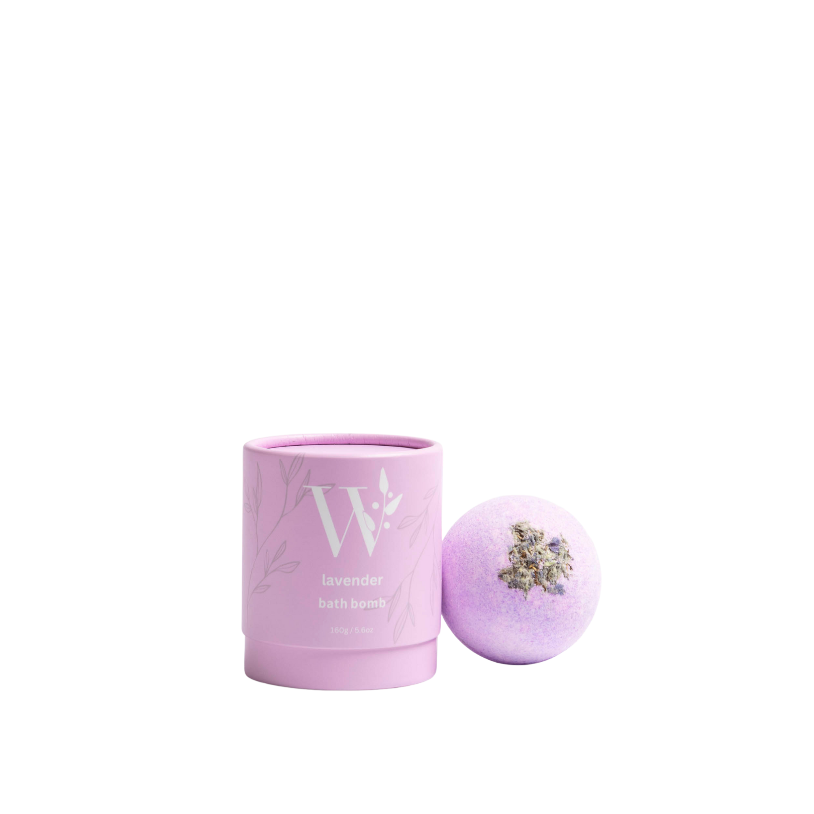 Wheelers Hill Lavender purple bath bomb with a cylindrical container on a transparent background
