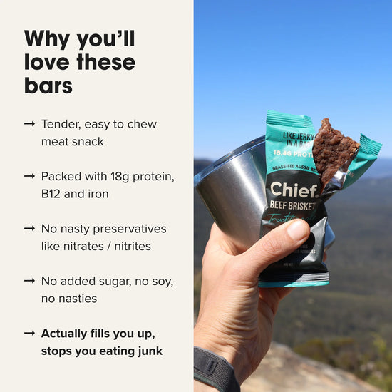 Hand holding a Chief Beef Brisket snack bar with scenic background