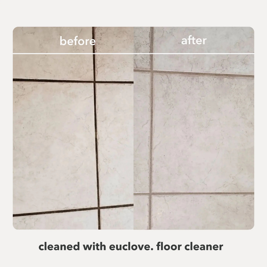 Before and after comparison of a tiled floor cleaned with Euclove floor cleaner.