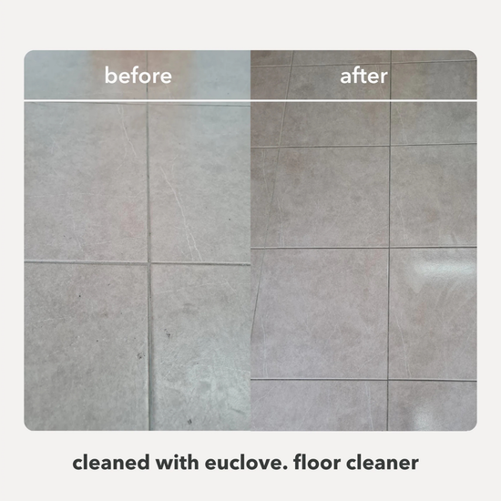 Before and after comparison of a tiled floor cleaned with Euclove floor cleaner.