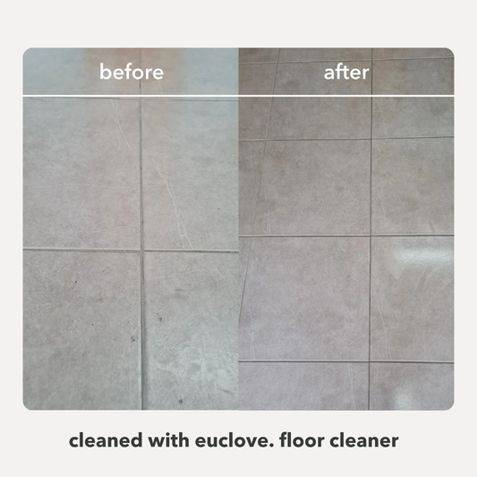 Before and after comparison of a tiled floor cleaned with Euclove floor cleaner.