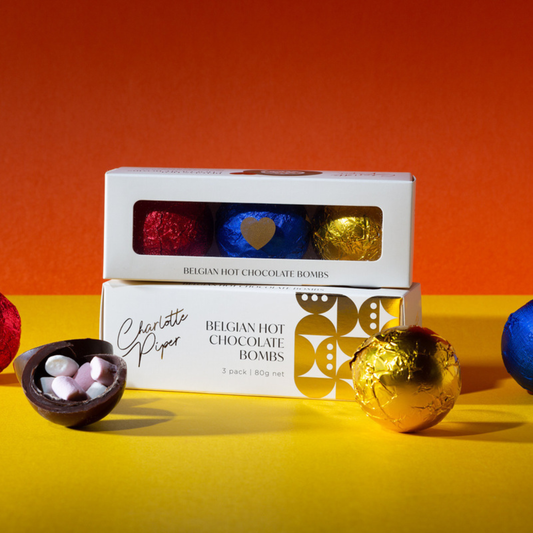 Box of Belgian hot chocolate bombs with colorful wrappers on a yellow and orange background. Charlotte Piper.