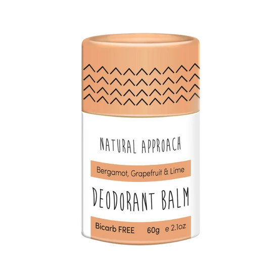 Natural Approach Deodorant balm sensitive skin container with orange lid and white label. Bergamot, Grapefruit & Lime.