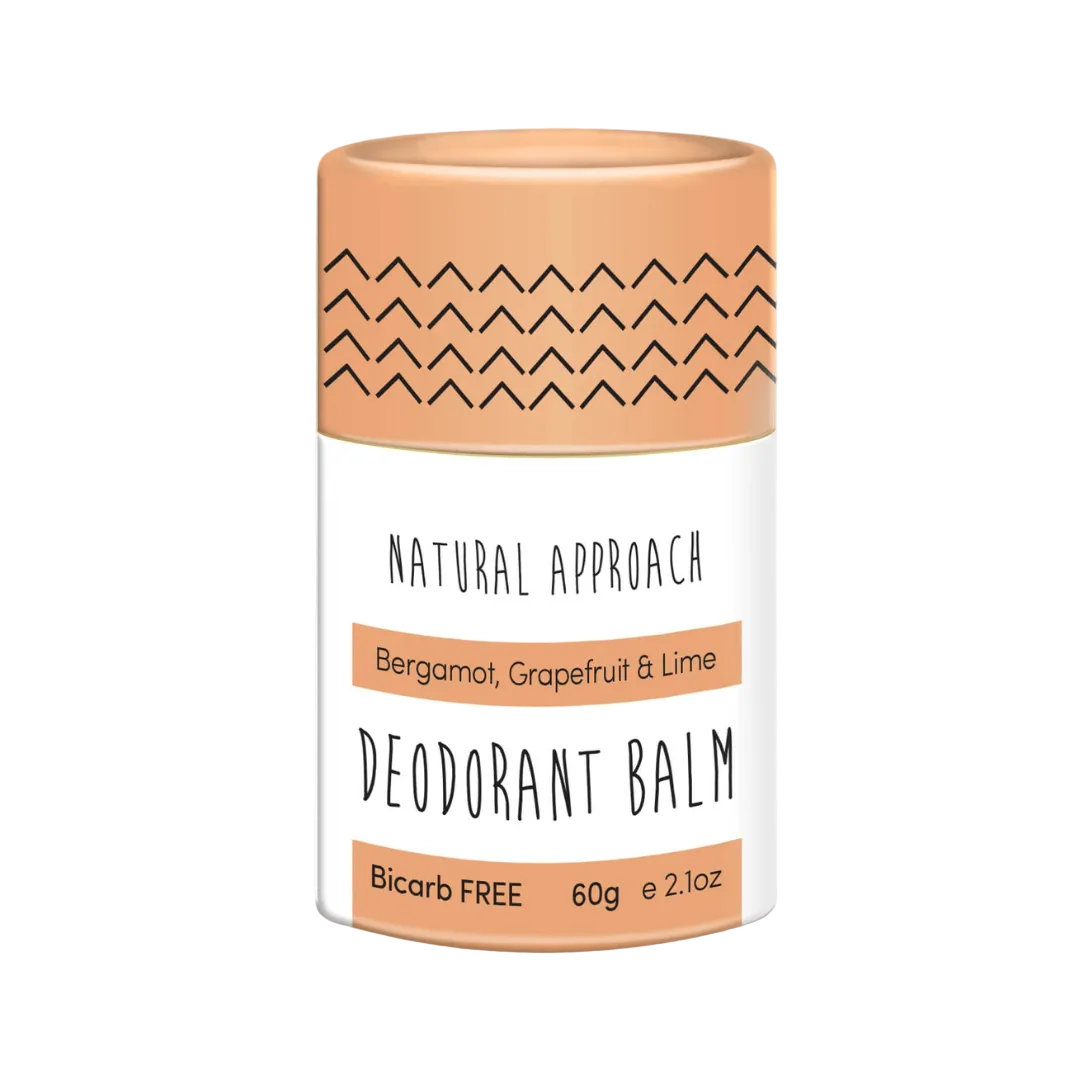 Natural Approach Deodorant balm sensitive skin container with orange lid and white label. Bergamot, Grapefruit & Lime.