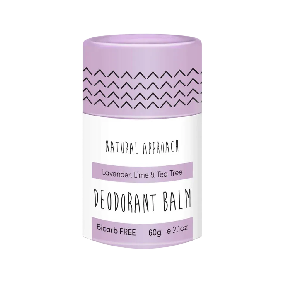 Natural Approach Deodorant balm sensitive skin container with purple lid and white label. Lavender, Lime & tea tree. 