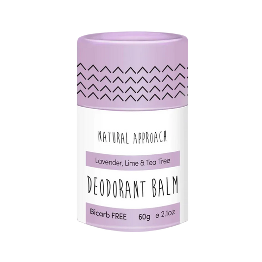 Natural Approach Deodorant balm sensitive skin container with purple lid and white label. Lavender, Lime & tea tree. 