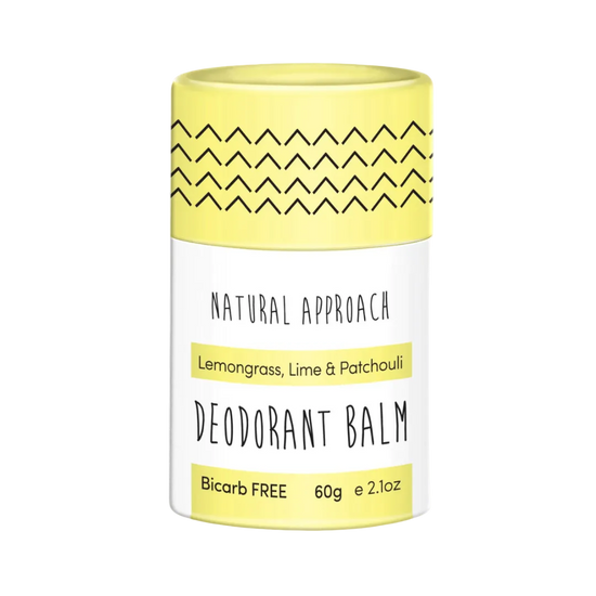 Natural Approach Deodorant balm sensitive skin container with yellow lid and white label. Lemongrass, lime & patchouli.