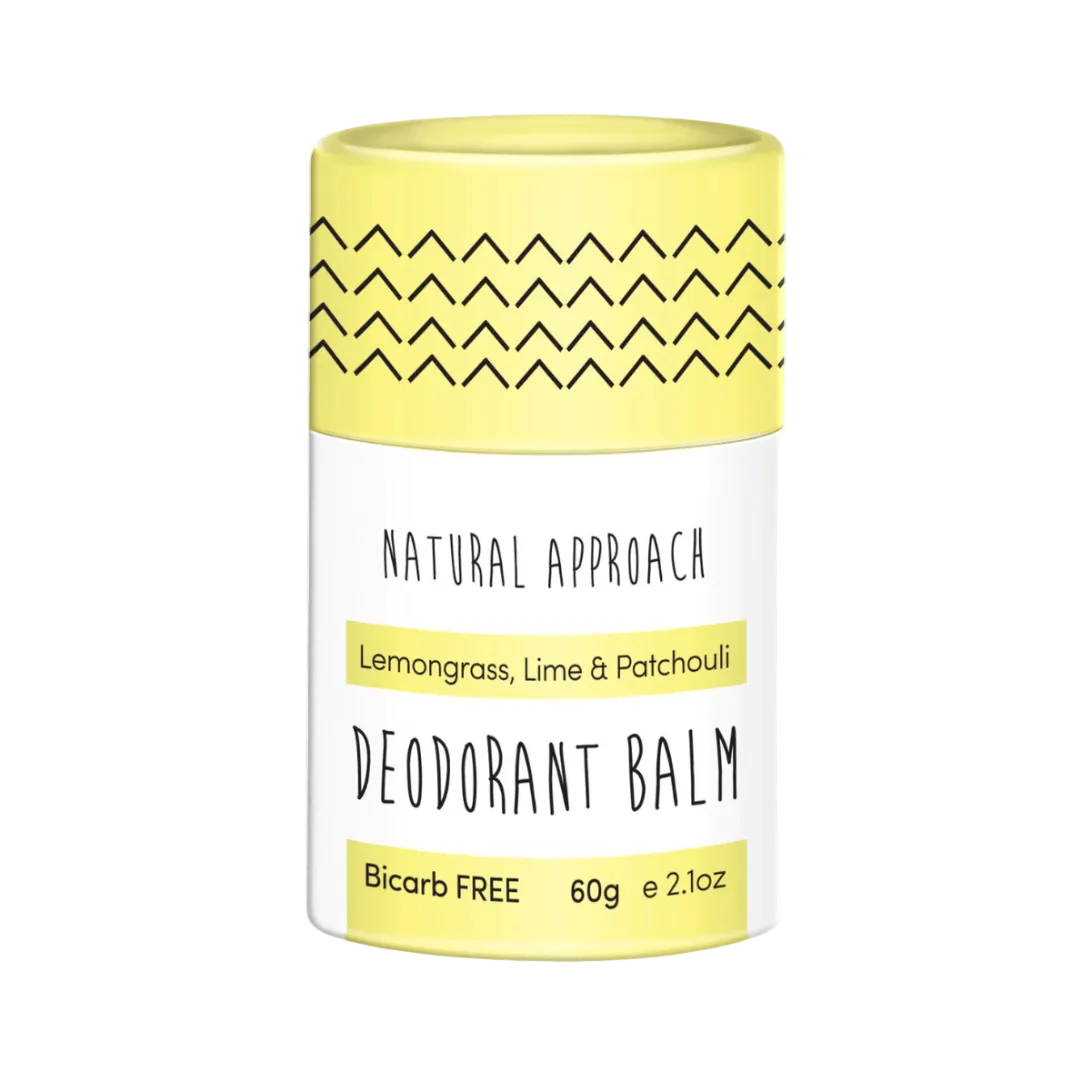 Natural Approach Deodorant balm sensitive skin container with yellow lid and white label. Lemongrass, lime & patchouli.
