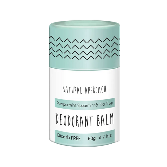 Natural Approach Deodorant balm sensitive skin container with aqua and white label. Peppermint, Spearmint Tea Tree
