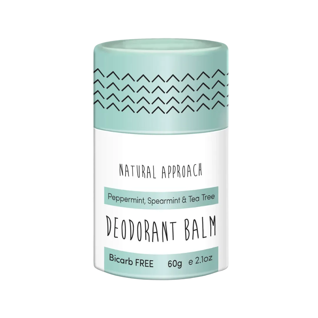 Natural Approach Deodorant balm sensitive skin container with aqua and white label. Peppermint, Spearmint Tea Tree