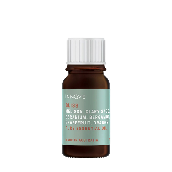 10mls Essential oil bottle named Bliss with melissa, clary sage, geranium, bergamot, grapefruit and orange with a white cap on a Transparent background