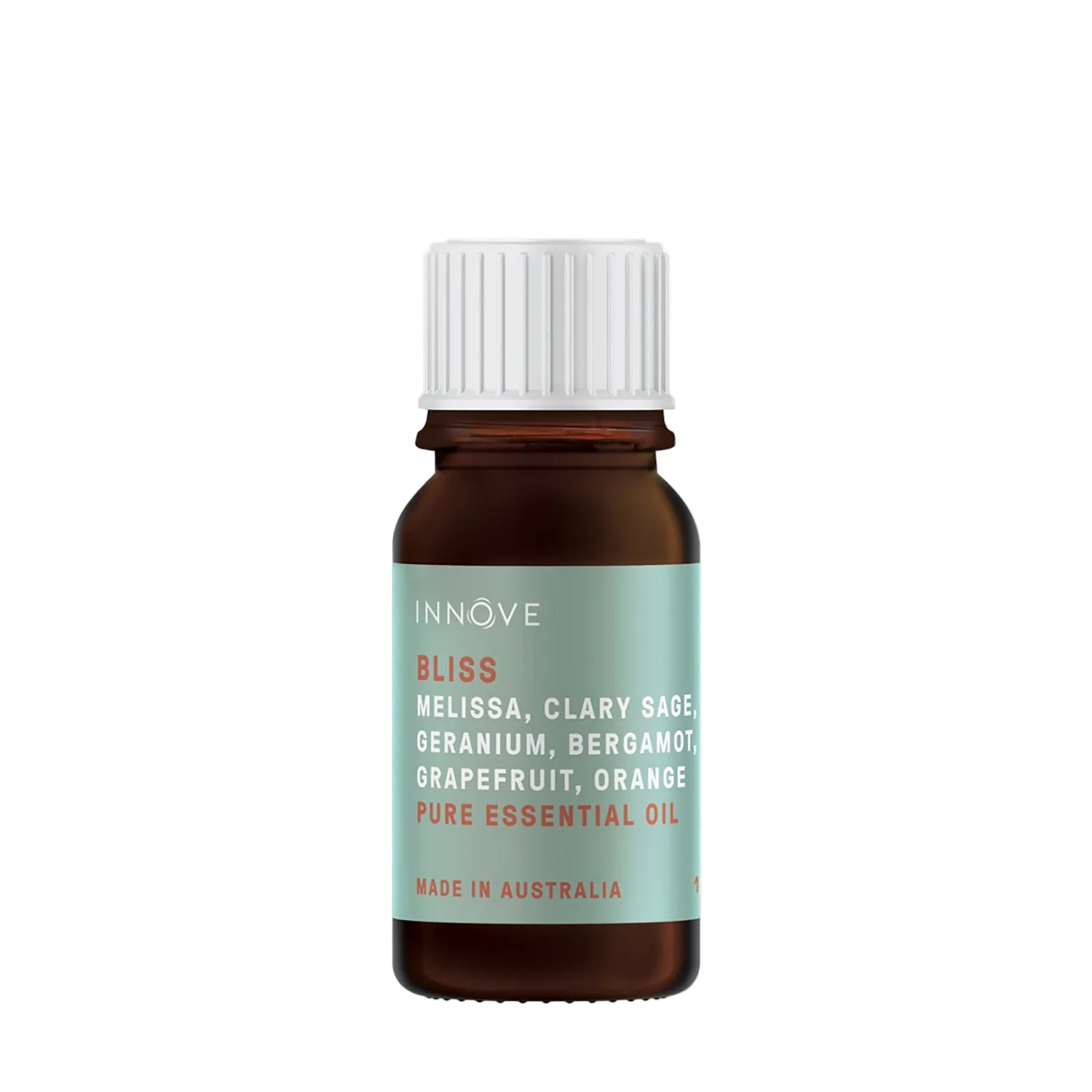 10mls Essential oil bottle named Bliss with melissa, clary sage, geranium, bergamot, grapefruit and orange with a white cap on a Transparent background