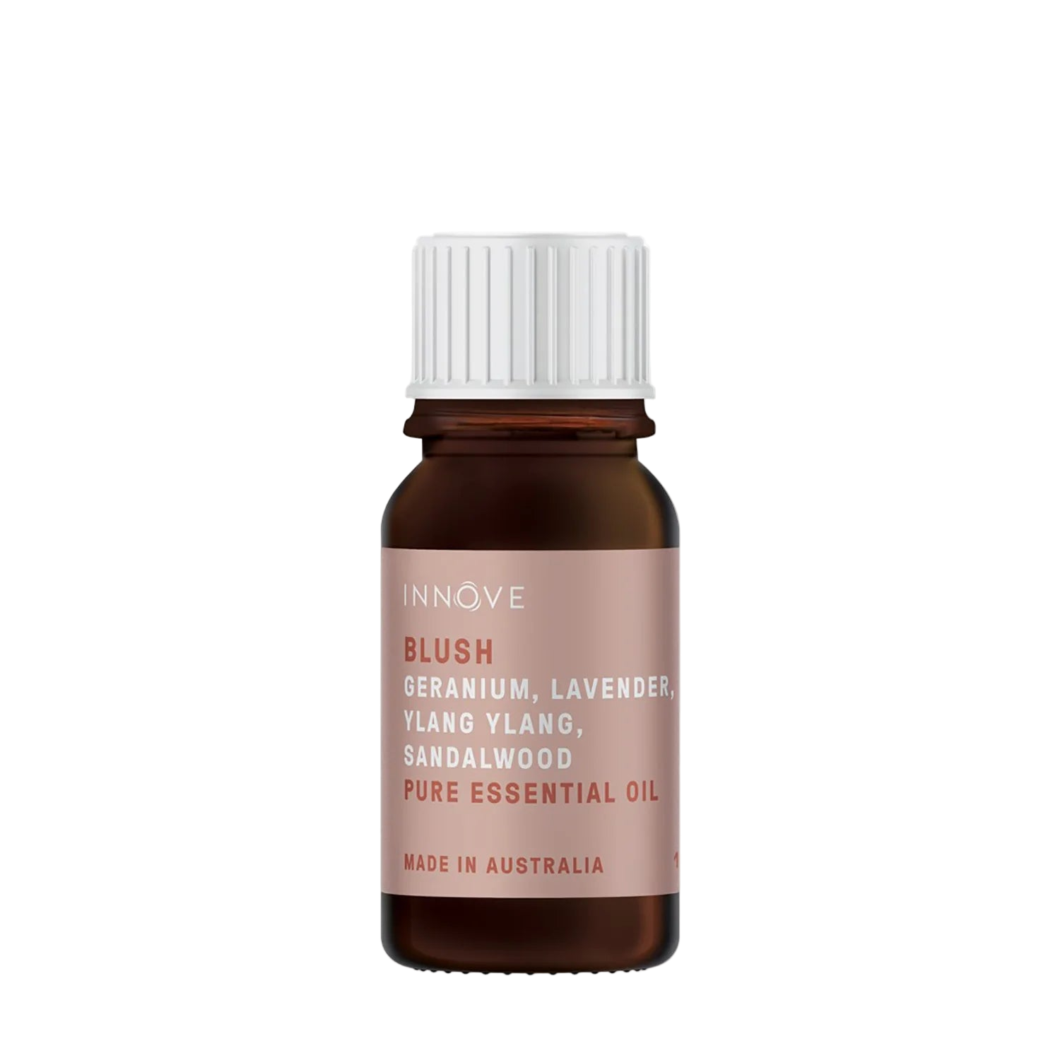 10mls Essential oil bottle named Blush with orange, cedarwood, patchouli, clove, geranium, lavender, ylang ylang and sandalwood with a white cap on a Transparent background