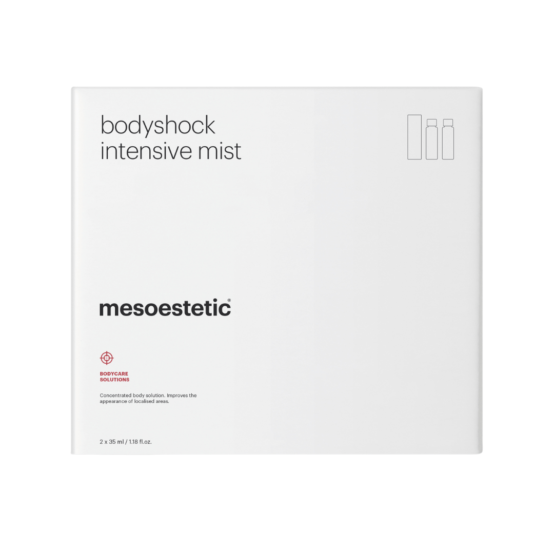 Mesoestetic bodyshock intensive mist packaging on a white background