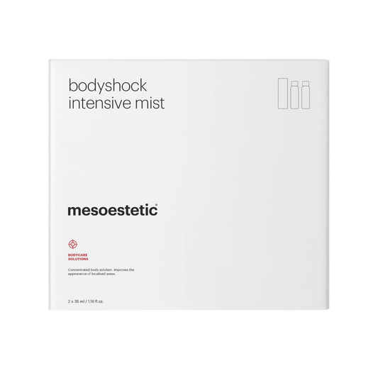 Mesoestetic bodyshock intensive mist packaging on a white background