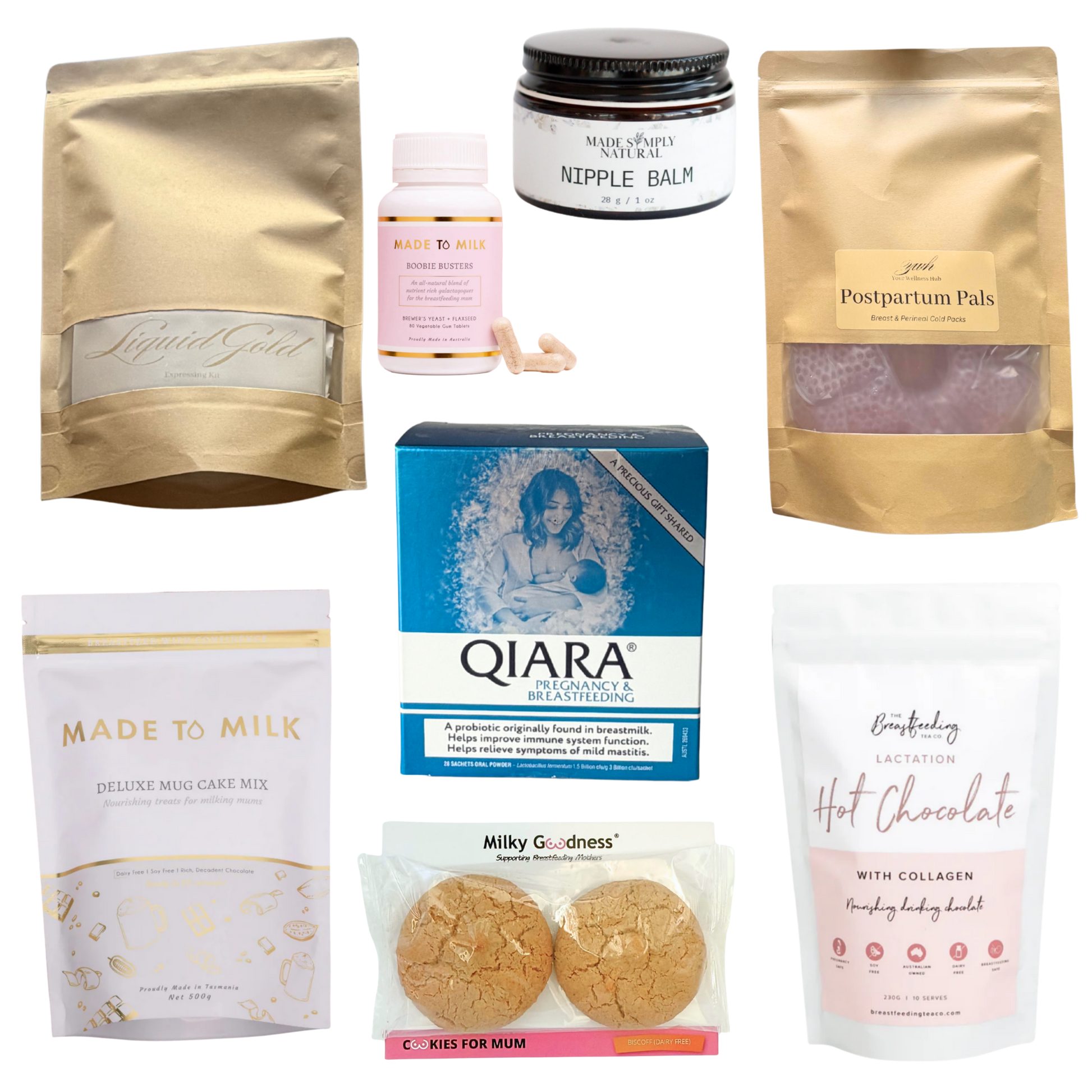 Breast Feeding bundle liquid gold expressing kit, nipple balm, postpartum pals cold packs , boobie busters lactation tablets, deluxe mug lactation cake mix, sample lactation cookies, lactation hot chocolate and qiara pregnancy & breastfeeding.