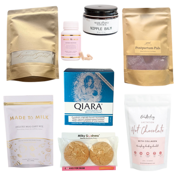 Breast Feeding bundle liquid gold expressing kit, nipple balm, postpartum pals cold packs , boobie busters lactation tablets, deluxe mug lactation cake mix, sample lactation cookies, lactation hot chocolate and qiara pregnancy & breastfeeding.