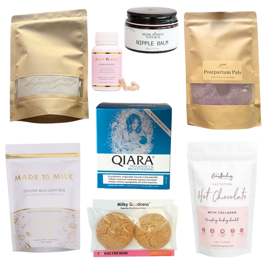 Breast Feeding bundle liquid gold expressing kit, nipple balm, postpartum pals cold packs , boobie busters lactation tablets, deluxe mug lactation cake mix, sample lactation cookies, lactation hot chocolate and qiara pregnancy & breastfeeding.