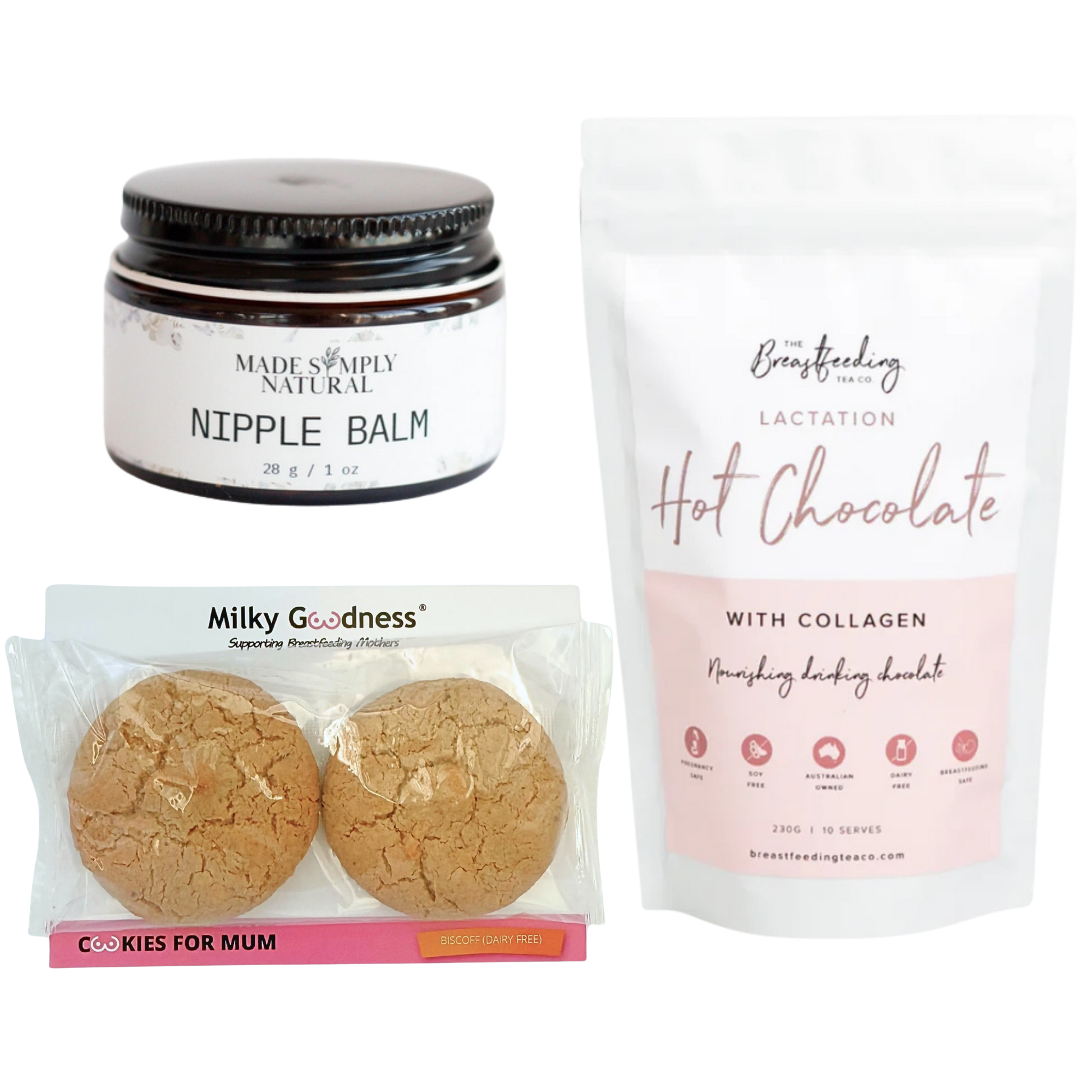 Bundle fore breast feeding support nipple balm, lactation cookies and lactation hot chocolate.