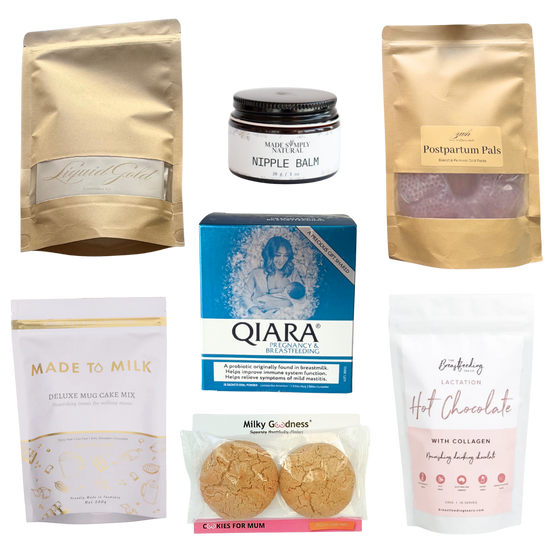 Breast Feeding bundle liquid gold expressing kit, nipple balm, postpartum pals cold packs , deluxe mug lactation cake mix, sample lactation cookies, lactation hot chocolate and qiara pregnancy & breastfeeding.