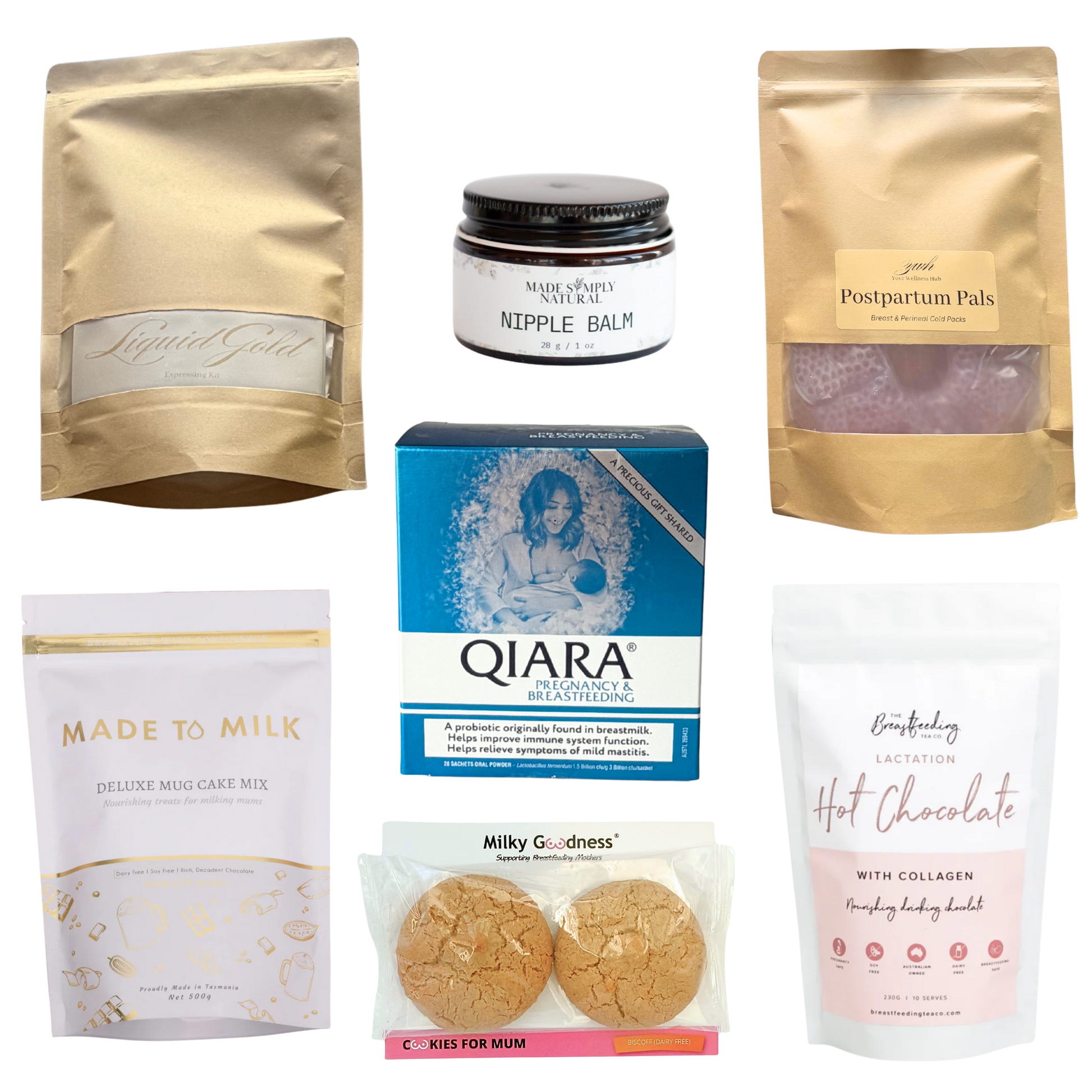 Breast Feeding bundle liquid gold expressing kit, nipple balm, postpartum pals cold packs , deluxe mug lactation cake mix, sample lactation cookies, lactation hot chocolate and qiara pregnancy & breastfeeding.