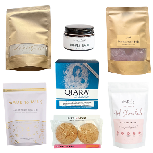 Breast Feeding bundle liquid gold expressing kit, nipple balm, postpartum pals cold packs , deluxe mug lactation cake mix, sample lactation cookies, lactation hot chocolate and qiara pregnancy & breastfeeding.