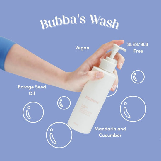 Hand holding a pump bottle of 'Bubba's Wash' with product details vegan, SLES/SLS Free, Borage Seed Oil, Mandarin and Cucumber on a blue background